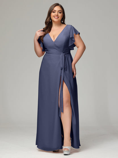 V-neck & Ruffled Sleeves Chiffon Bridesmaid Dress Plus Size