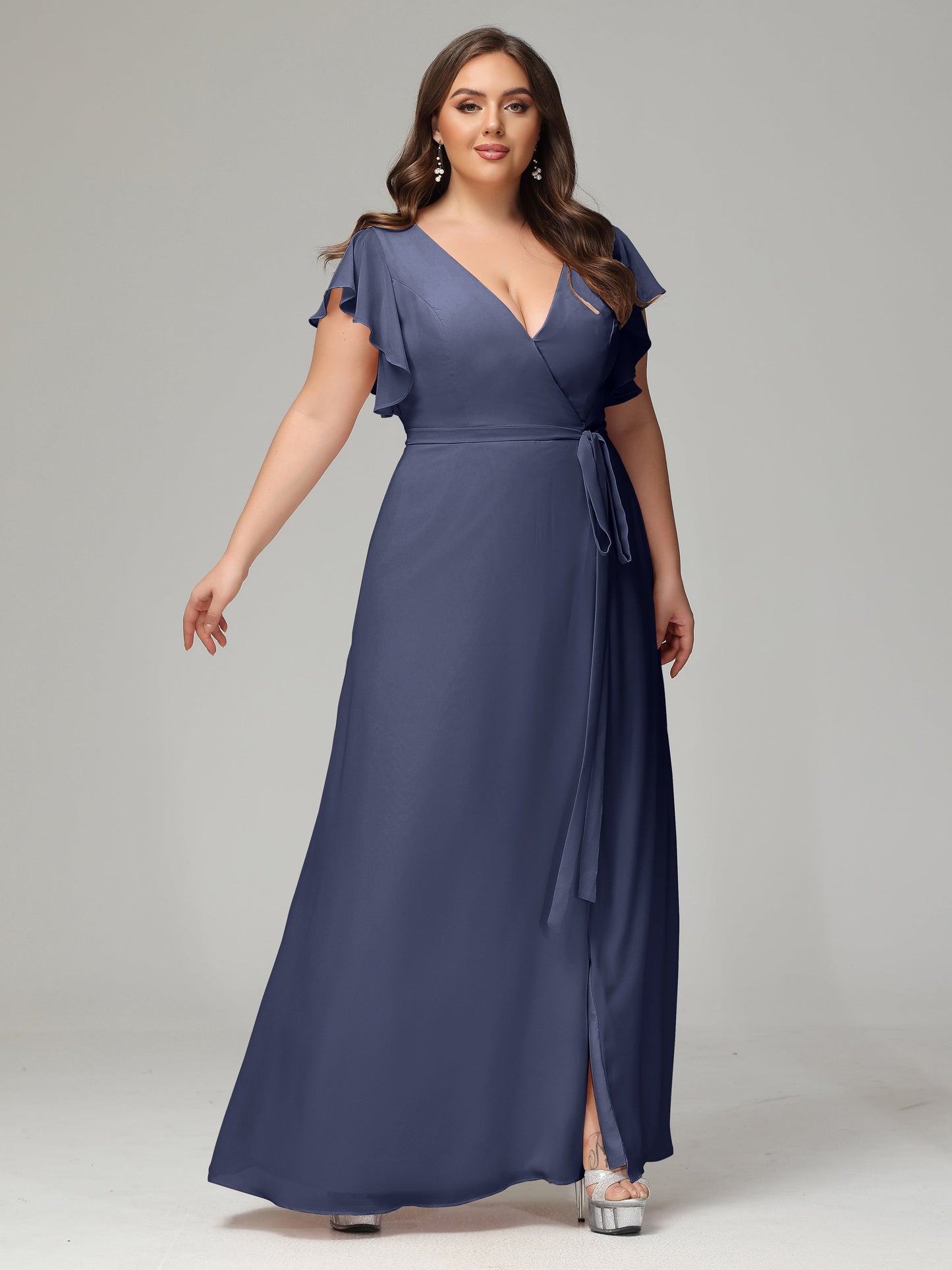 V-neck & Ruffled Sleeves Chiffon Bridesmaid Dress Plus Size