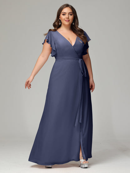 V-neck & Ruffled Sleeves Chiffon Bridesmaid Dress Plus Size