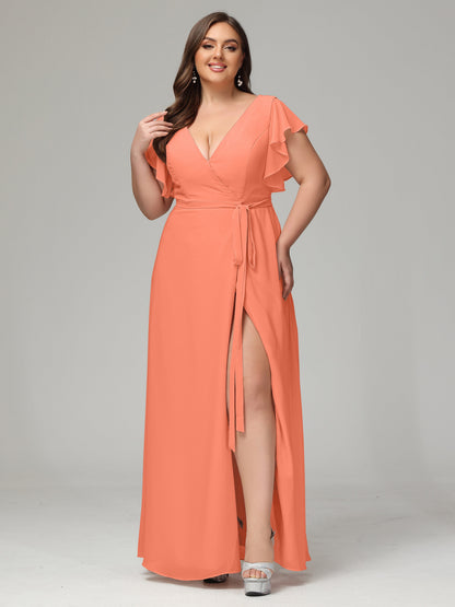 V-neck & Ruffled Sleeves Chiffon Bridesmaid Dress Plus Size