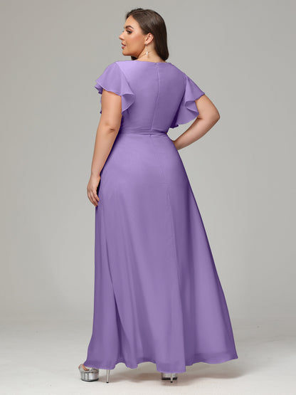 V-neck & Ruffled Sleeves Chiffon Bridesmaid Dress Plus Size