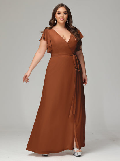 V-neck & Ruffled Sleeves Chiffon Bridesmaid Dress Plus Size