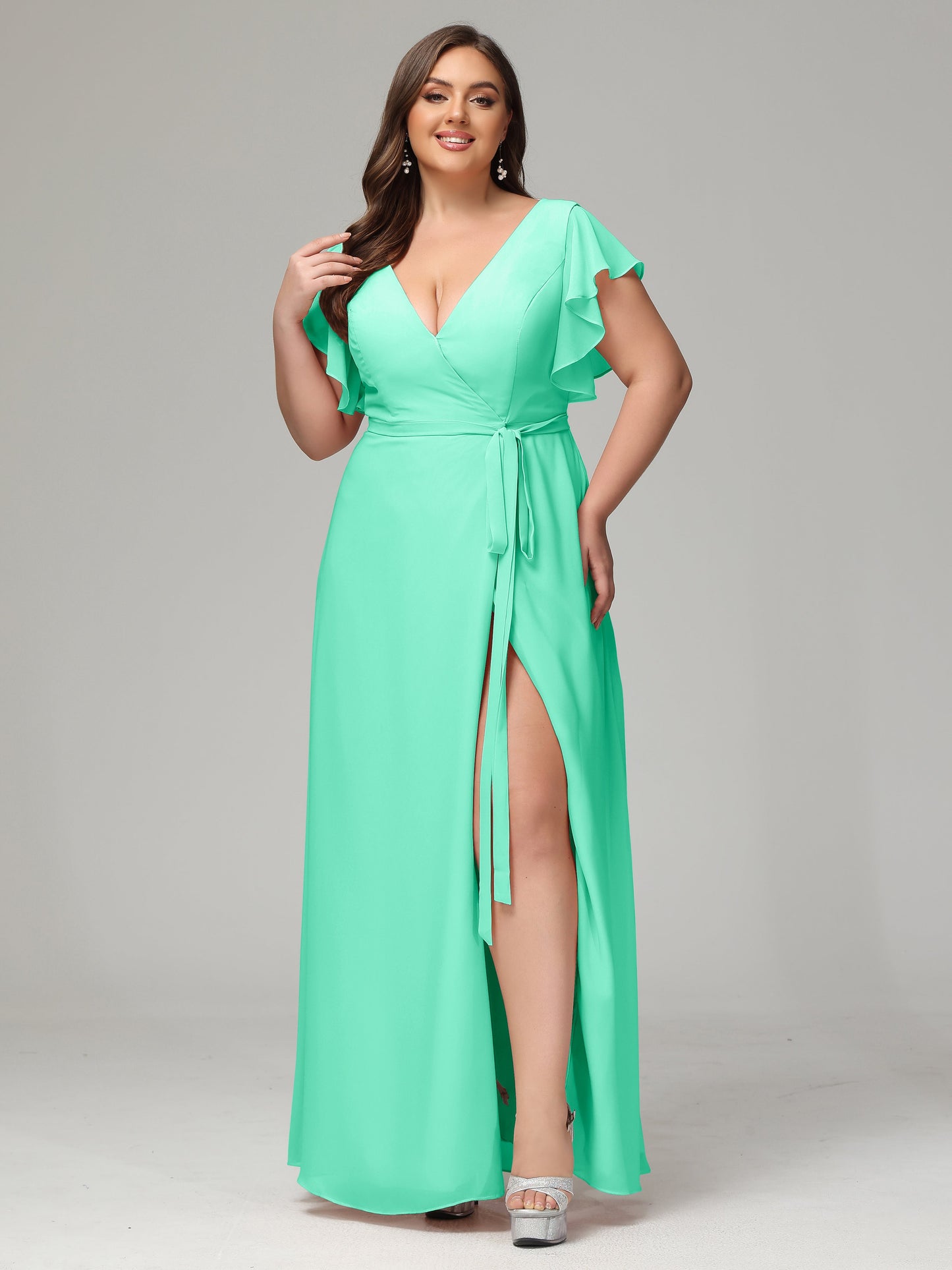 V-neck & Ruffled Sleeves Chiffon Bridesmaid Dress Plus Size