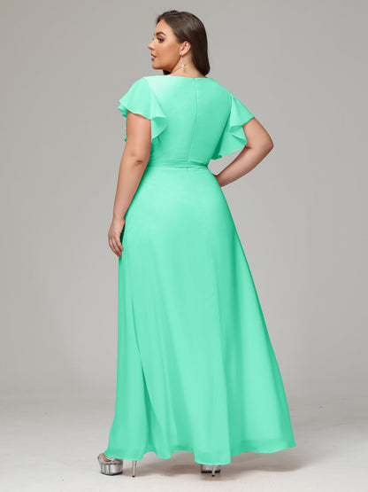 V-neck & Ruffled Sleeves Chiffon Bridesmaid Dress Plus Size