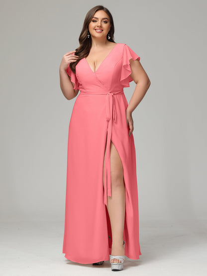 V-neck & Ruffled Sleeves Chiffon Bridesmaid Dress Plus Size