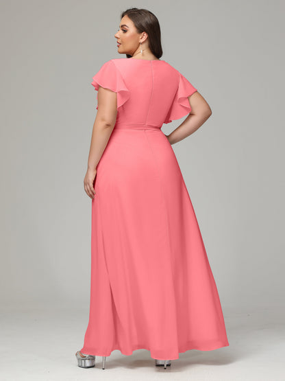 V-neck & Ruffled Sleeves Chiffon Bridesmaid Dress Plus Size