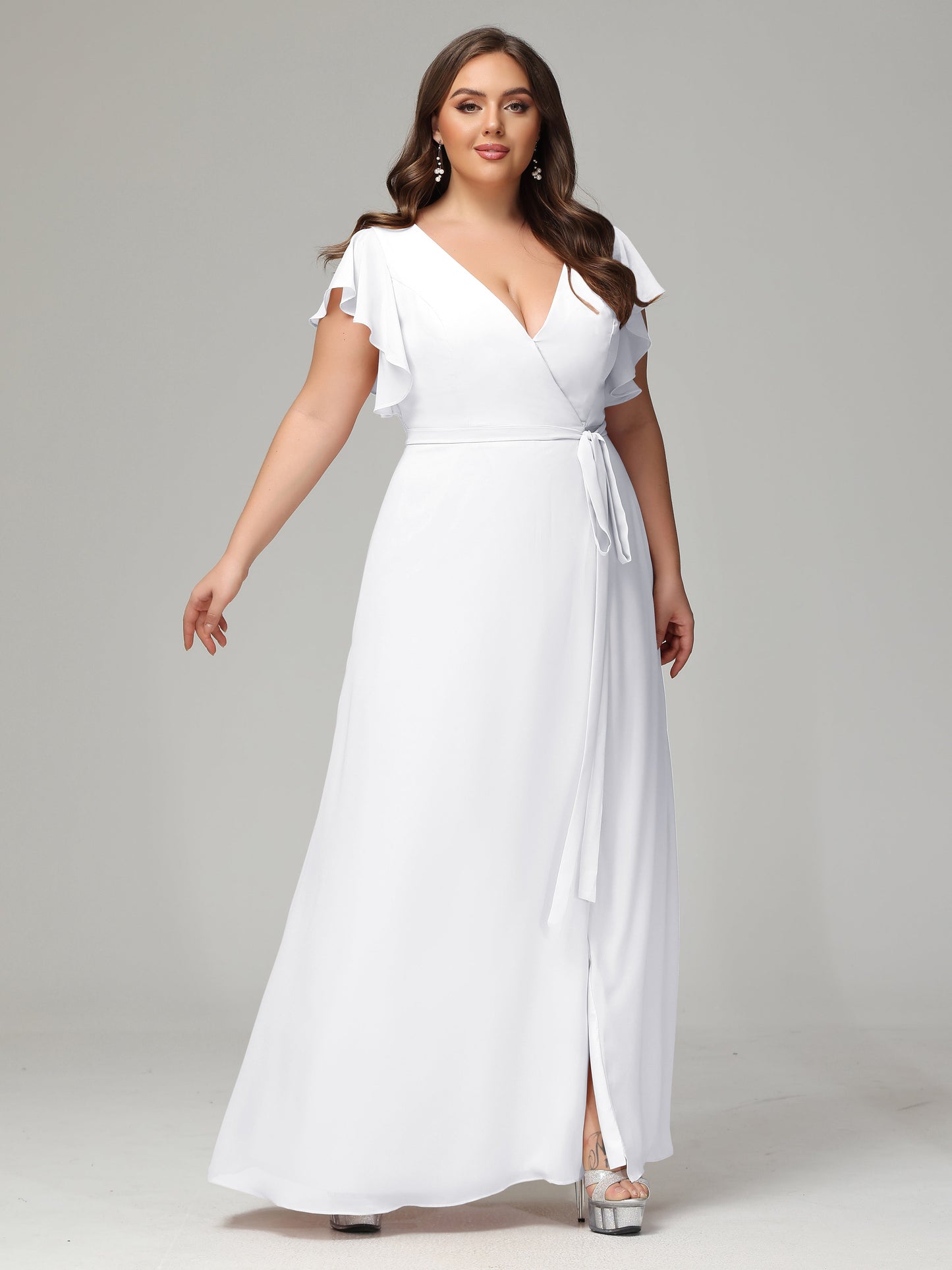 V-neck & Ruffled Sleeves Chiffon Bridesmaid Dress Plus Size