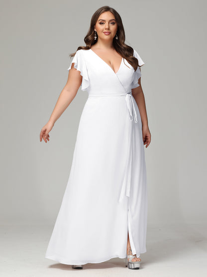 V-neck & Ruffled Sleeves Chiffon Bridesmaid Dress Plus Size