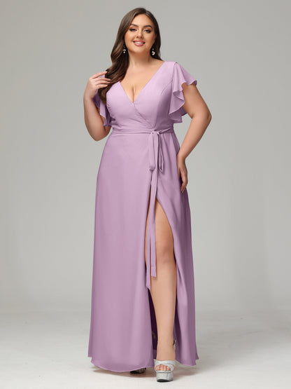 V-neck & Ruffled Sleeves Chiffon Bridesmaid Dress Plus Size