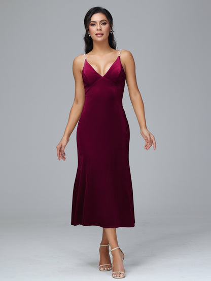 V Neck Spaghetti Straps Velvet Bridesmaid Dress