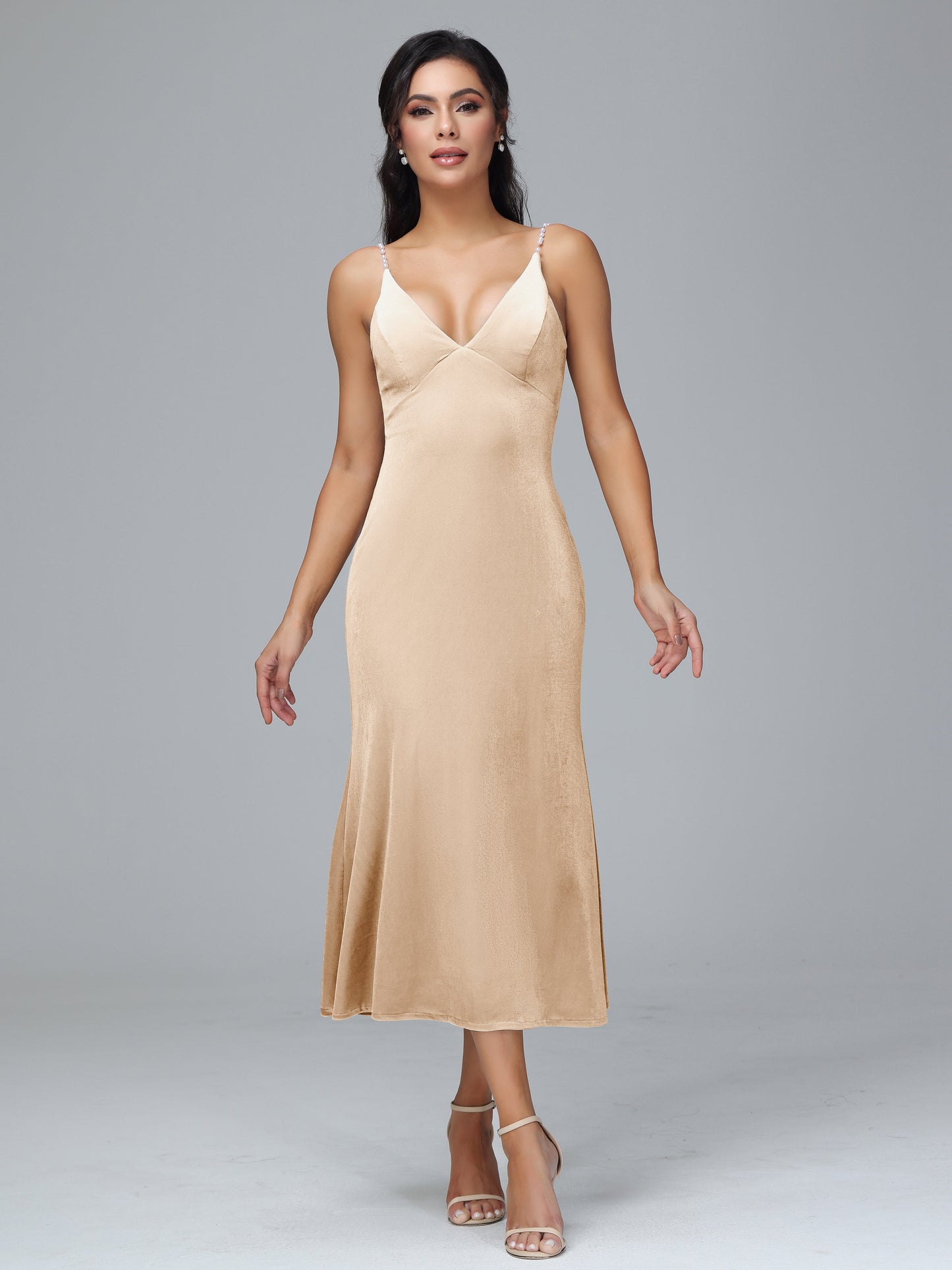 V Neck Spaghetti Straps Plus Size Velvet Bridesmaid Dress
