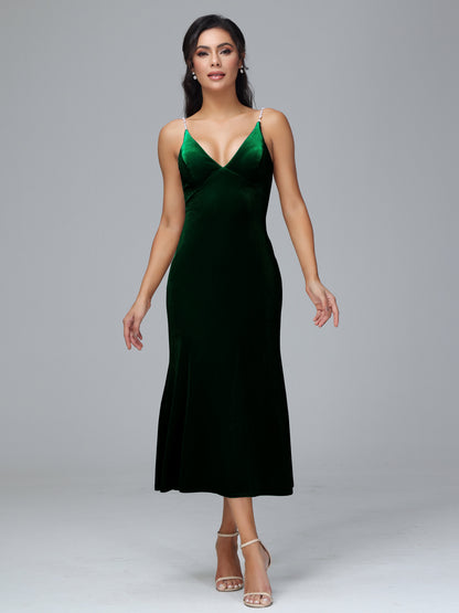 V Neck Spaghetti Straps Velvet Bridesmaid Dress