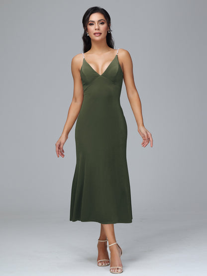 V Neck Spaghetti Straps Plus Size Velvet Bridesmaid Dress
