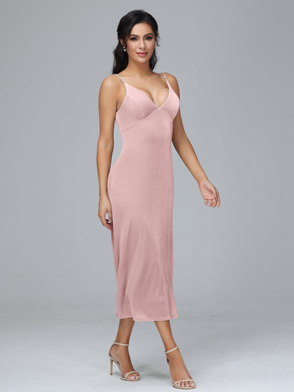 V Neck Spaghetti Straps Velvet Bridesmaid Dress