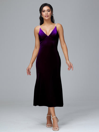 V Neck Spaghetti Straps Velvet Bridesmaid Dress