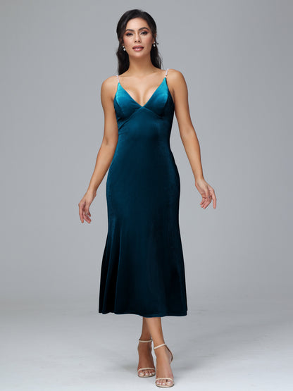 V Neck Spaghetti Straps Velvet Bridesmaid Dress