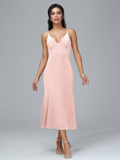 V Neck Spaghetti Straps Velvet Bridesmaid Dress
