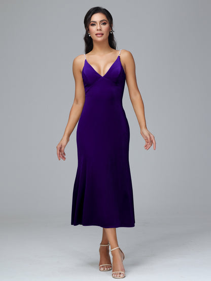 V Neck Spaghetti Straps Plus Size Velvet Bridesmaid Dress