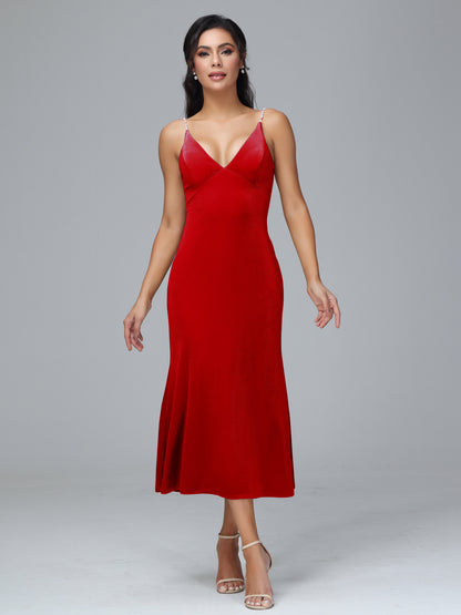 V Neck Spaghetti Straps Plus Size Velvet Bridesmaid Dress