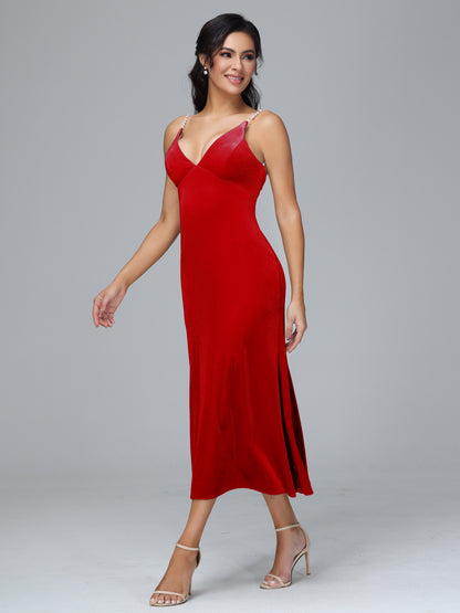 V Neck Spaghetti Straps Plus Size Velvet Bridesmaid Dress