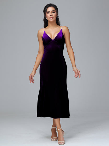 V Neck Spaghetti Straps Velvet Bridesmaid Dress