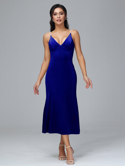 V Neck Spaghetti Straps Velvet Bridesmaid Dress