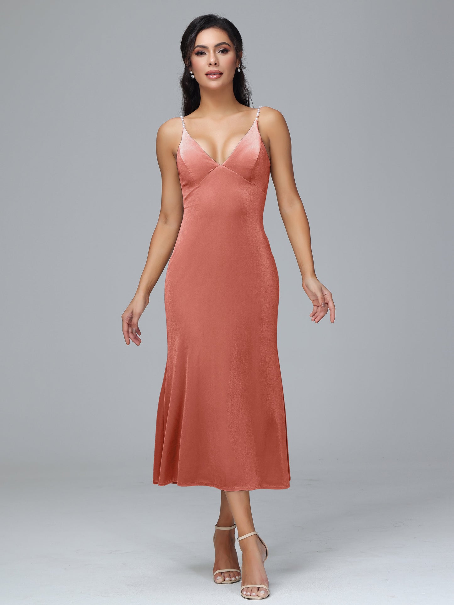 V Neck Spaghetti Straps Velvet Bridesmaid Dress