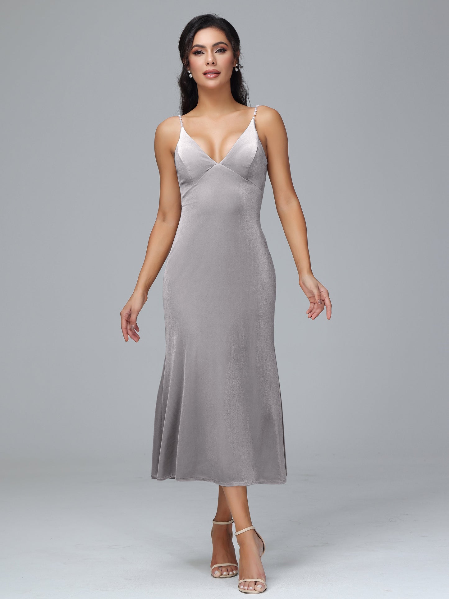 V Neck Spaghetti Straps Plus Size Velvet Bridesmaid Dress