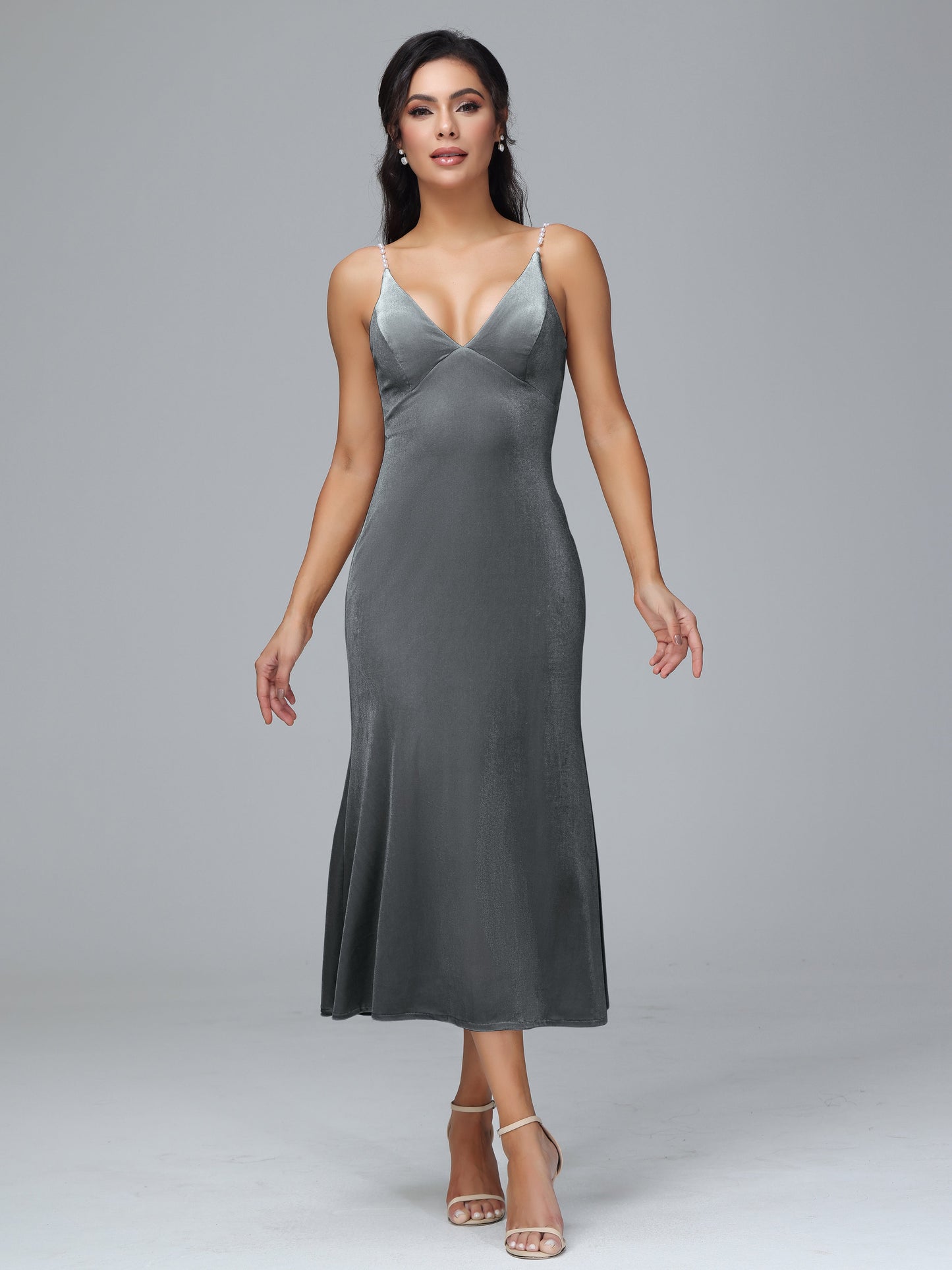 V Neck Spaghetti Straps Velvet Bridesmaid Dress