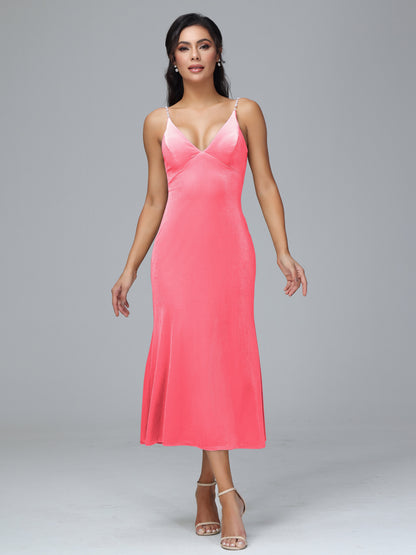 V Neck Spaghetti Straps Velvet Bridesmaid Dress