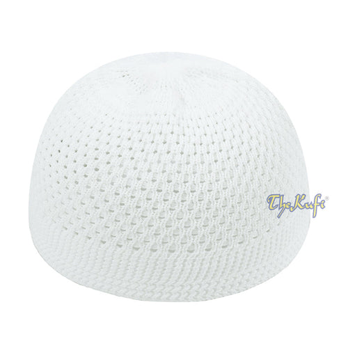 White knitted Islamic prayer cap (kufi) with breathable mesh pattern.