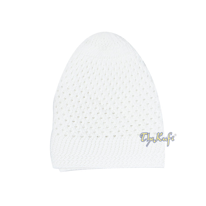 White knitted Islamic prayer cap (kufi) with breathable mesh pattern.