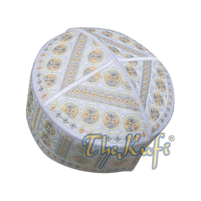 White and Yellow Embroidered Circle Design Rigid-Semi Pakistan Kufis
