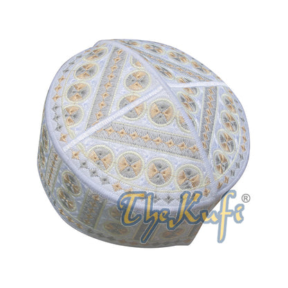 White and Yellow Embroidered Circle Design Rigid-Semi Pakistan Kufis