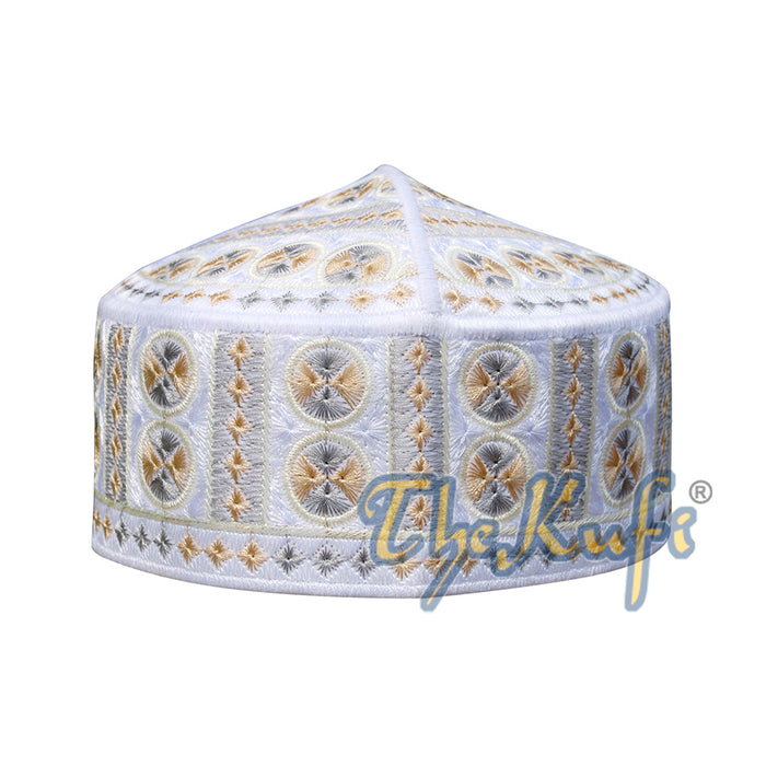 White and Yellow Embroidered Circle Design Rigid-Semi Pakistan Kufis