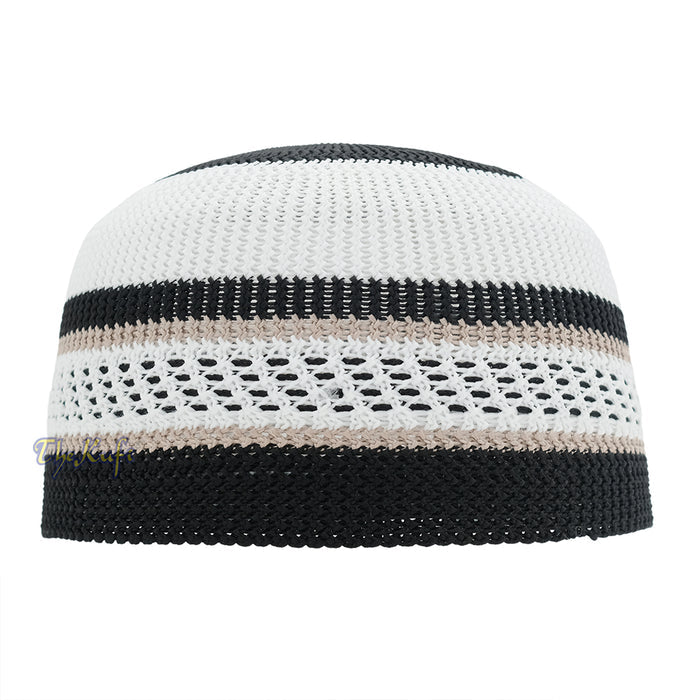 White Black with Brown Stripes Nylon Stretchy Beanie Kufi Topi Skull Cap