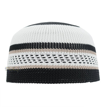 White Black with Brown Stripes Nylon Stretchy Beanie Kufi Topi Skull Cap