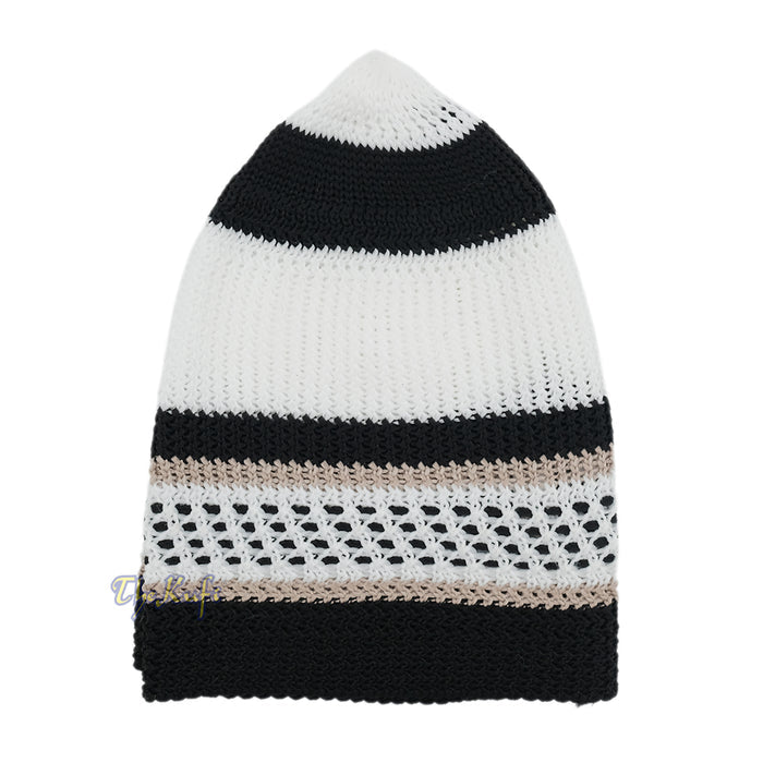 White Black with Brown Stripes Nylon Stretchy Beanie Kufi Topi Skull Cap