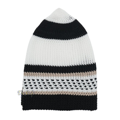 White Black with Brown Stripes Nylon Stretchy Beanie Kufi Topi Skull Cap