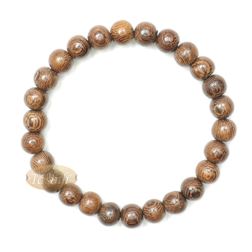 Wood Bead Bracelet - Tropical Johar Asian Wenge Beads with Black Elastic 7 mm Unisex 7.5-8 inch Prayer Bracelet