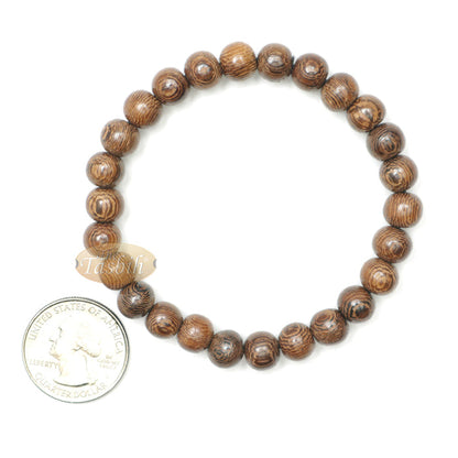 Wood Bead Bracelet - Tropical Johar Asian Wenge Beads with Black Elastic 7 mm Unisex 7.5-8 inch Prayer Bracelet