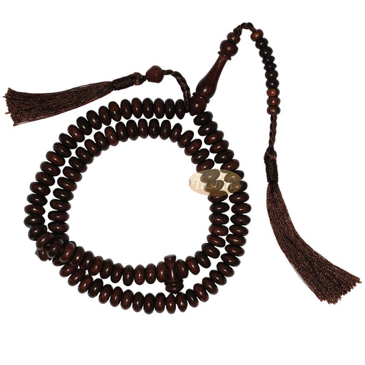 Wooden Islamic Prayer Beads - 10 mm 99 count Flat Oval Tamarind Misbaha Tasbih - Dark Brown Tassels, Adjustable Tension, Extra Counter