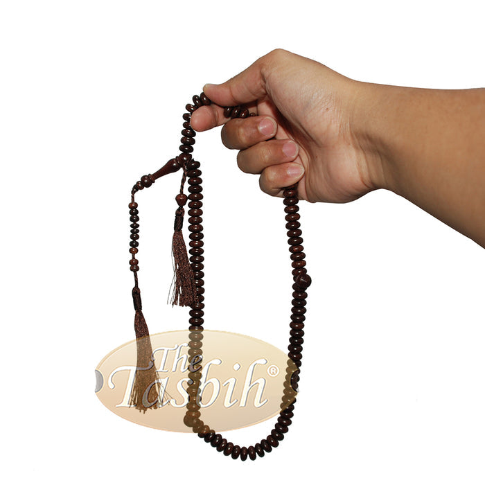 Wooden Islamic Prayer Beads - 10 mm 99 count Flat Oval Tamarind Misbaha Tasbih - Dark Brown Tassels, Adjustable Tension, Extra Counter