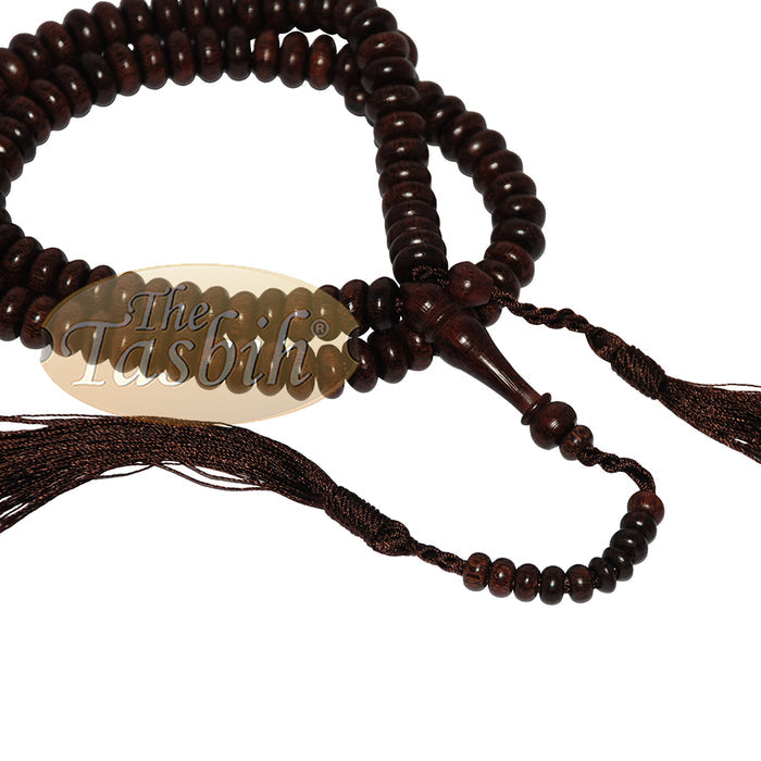Wooden Islamic Prayer Beads - 10 mm 99 count Flat Oval Tamarind Misbaha Tasbih - Dark Brown Tassels, Adjustable Tension, Extra Counter